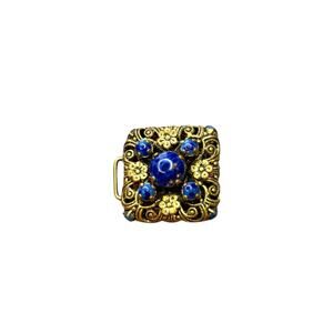 Vintage Czech Style Blue Glass Filigree Dress Clip Half Belt Buckle Gold Tone